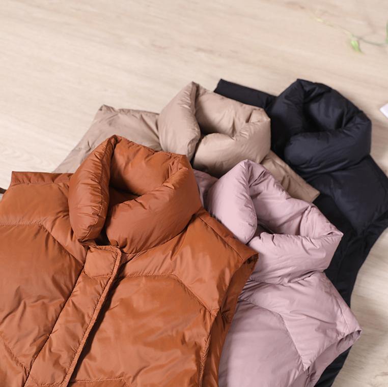 New casual womens parka coats khaki stand collar zippered down jacket - SooLinen