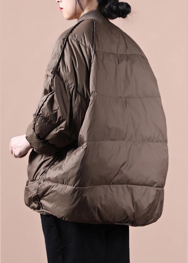 New chocolate down jacket woman oversize snow pockets zippered coats - SooLinen