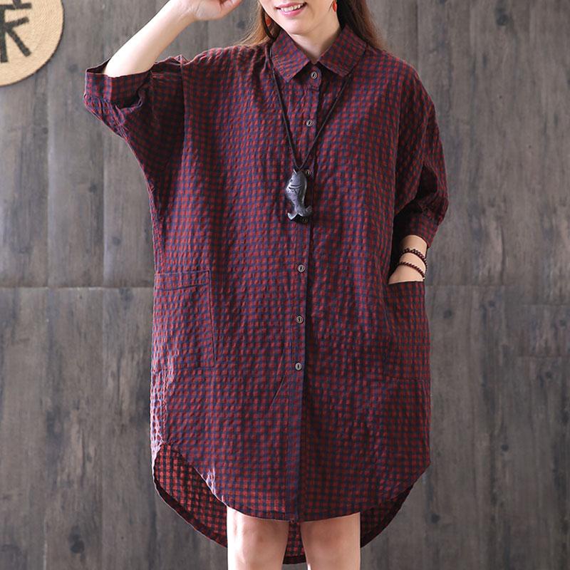 Neue Baumwolle gemischt Bluse lässig lose Casual Plaid Single Breasted Frauen rotes Hemd