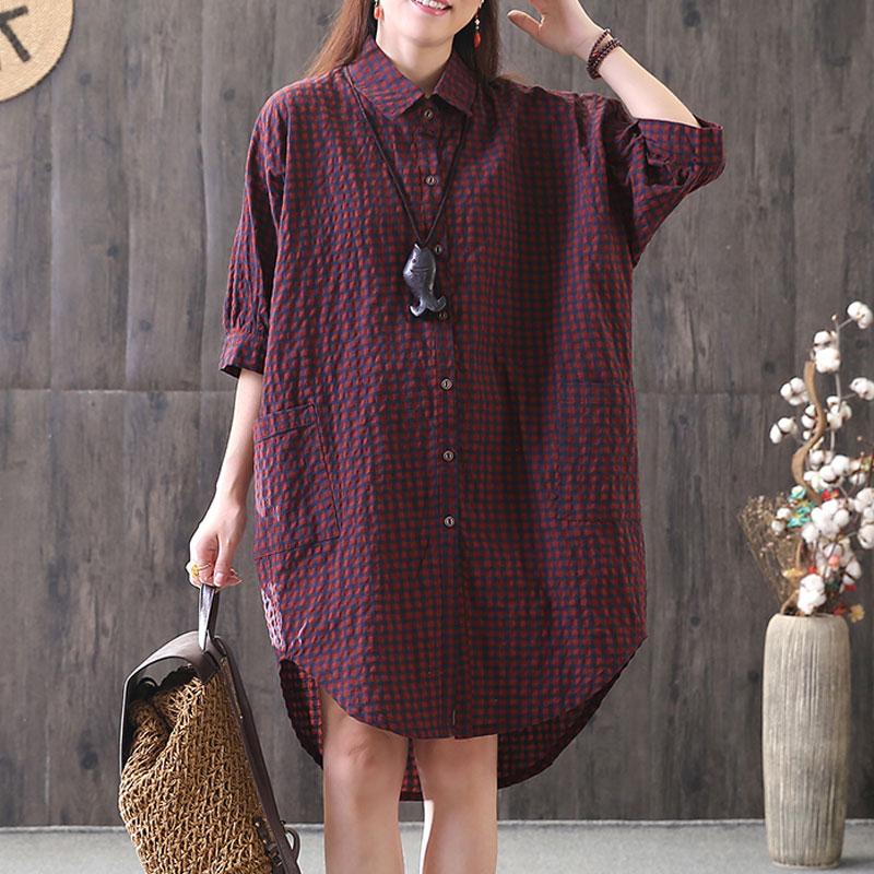 Neue Baumwolle gemischt Bluse lässig lose Casual Plaid Single Breasted Frauen rotes Hemd