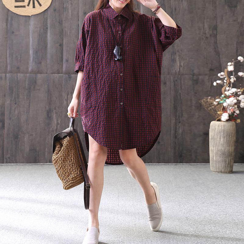 Neue Baumwolle gemischt Bluse lässig lose Casual Plaid Single Breasted Frauen rotes Hemd