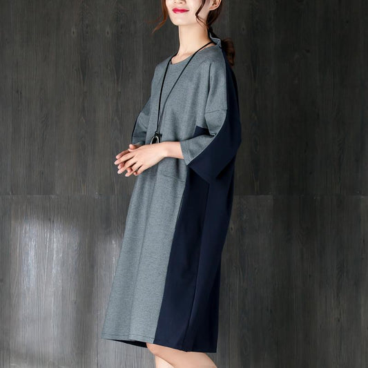 Neues Kniekleid aus Baumwolle in Übergröße, kurze Ärmel, Damen-Spleißenkleid aus Baumwolle