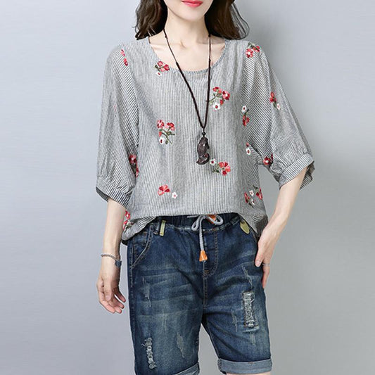 New cotton tops plus size clothing Casual Stripe Floral Printing Short Sleeve Pullover Blouse