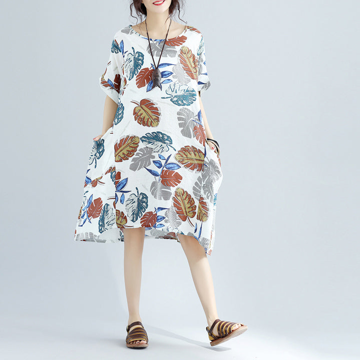 Neues florales Midi-Leinenkleid oversized Leinen-Baumwollkleid feine kurzärmelige O-Ausschnitt-Leinenkleider