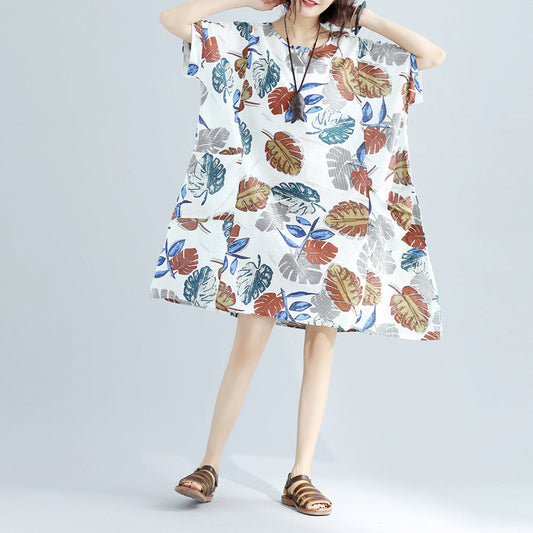 Neues florales Midi-Leinenkleid oversized Leinen-Baumwollkleid feine kurzärmelige O-Ausschnitt-Leinenkleider