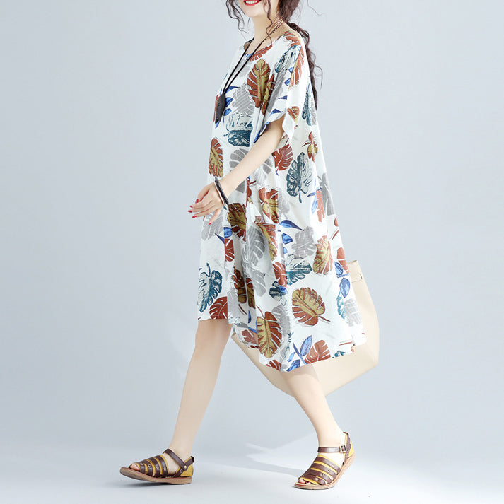 Neues florales Midi-Leinenkleid oversized Leinen-Baumwollkleid feine kurzärmelige O-Ausschnitt-Leinenkleider
