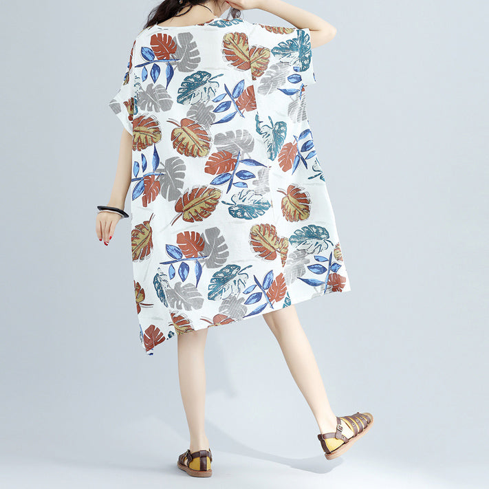 Neues florales Midi-Leinenkleid oversized Leinen-Baumwollkleid feine kurzärmelige O-Ausschnitt-Leinenkleider