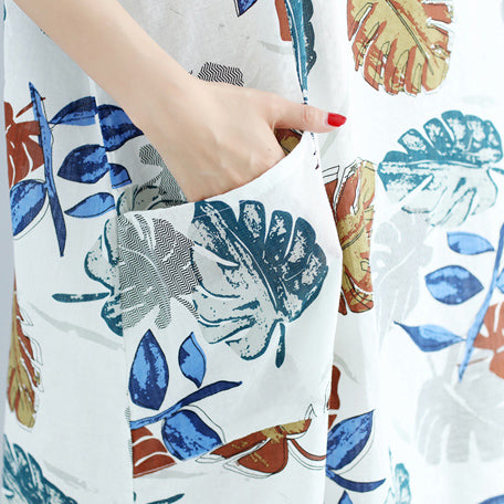 Neues florales Midi-Leinenkleid oversized Leinen-Baumwollkleid feine kurzärmelige O-Ausschnitt-Leinenkleider