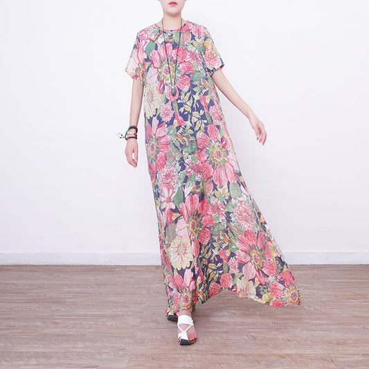 Neue florale lange Kleider lässig locker sitzende Kurzarm-Baumwollkleidung Kleider Vintage chinesische Knopfkleider
