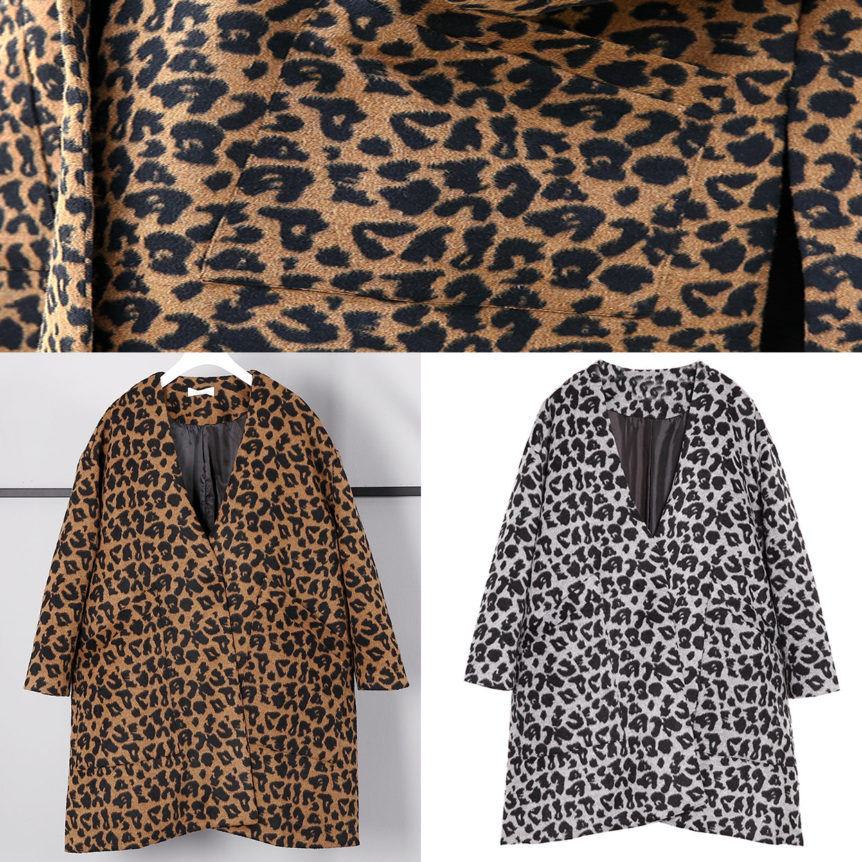 Neue graue Leopardenmäntel in Übergröße mit V-Ausschnitt und Taschen Wintermantel 2024 mit seitlichem