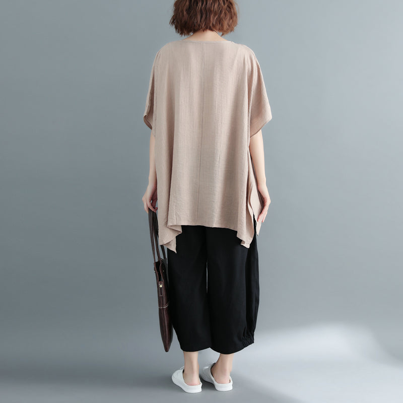 Neues khakifarbenes Midi-T-Shirt aus Baumwollleinen Locker sitzende, lässige Strickjacken 2018 Kurzarm-Leinenblusen mit Rundhalsausschnitt