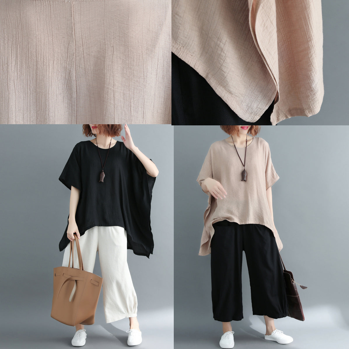 Neues khakifarbenes Midi-T-Shirt aus Baumwollleinen Locker sitzende, lässige Strickjacken 2018 Kurzarm-Leinenblusen mit Rundhalsausschnitt