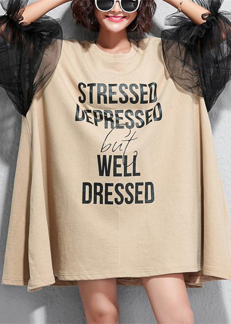 Neues Midi-Kleid aus Baumwolle mit Patchwork-Spitze, Kleidung in Übergröße, Reisekleid, elegantes Kurzarm-Baumwollkleid mit Alphabet-Motiv