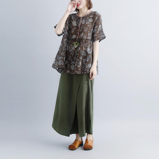 Neue Leinenoberteile in Übergröße, Rundhalsausschnitt, lässige Sommerbluse mit kurzen Ärmeln und Blumenmuster