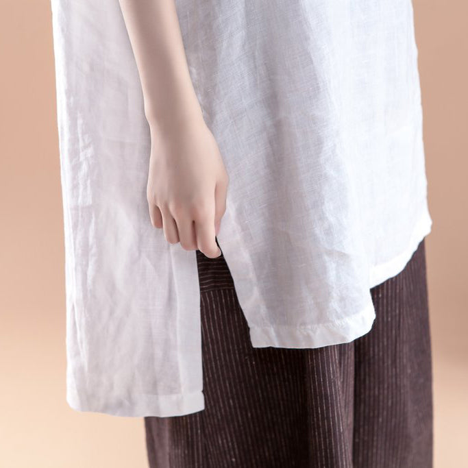 Neue Leinenoberteile in Übergrößen Kurzarmschlitz Sommer Casual Weiß Damenoberteile