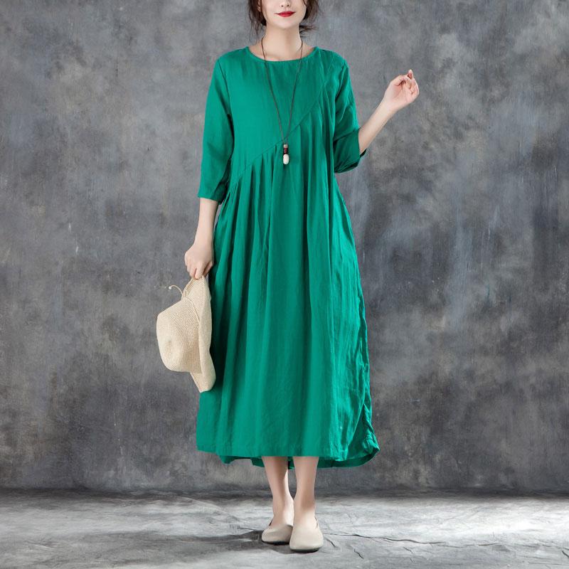 Neues langes Leinenkleid Locker sitzendes Leinen Rundhals Dreiviertelärmel Grünes Plisseekleid
