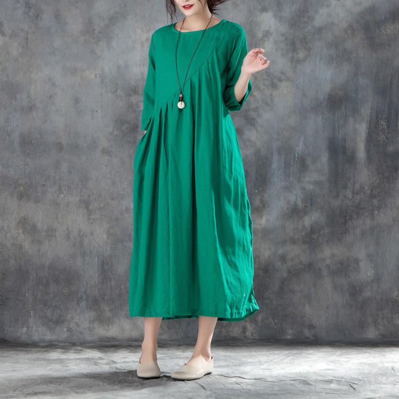 Neues langes Leinenkleid Locker sitzendes Leinen Rundhals Dreiviertelärmel Grünes Plisseekleid