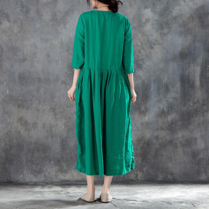Neues langes Leinenkleid Locker sitzendes Leinen Rundhals Dreiviertelärmel Grünes Plisseekleid