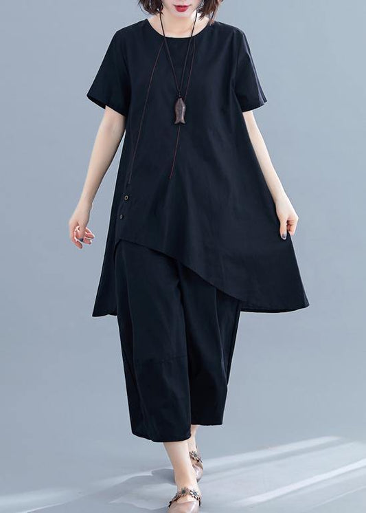 New loose women's fashion black cotton and linen irregular shirt + pants casual suit - SooLinen