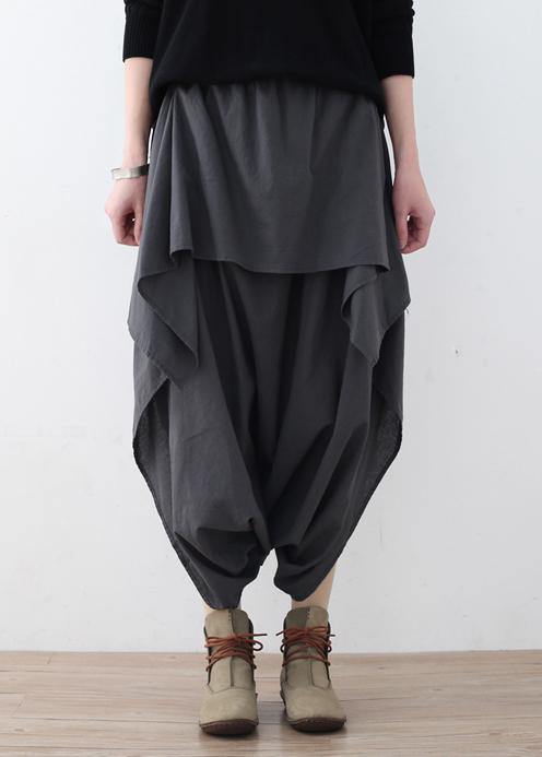 New original design gray literary irregular asymmetric wide-legged casual cropped trousers - SooLinen
