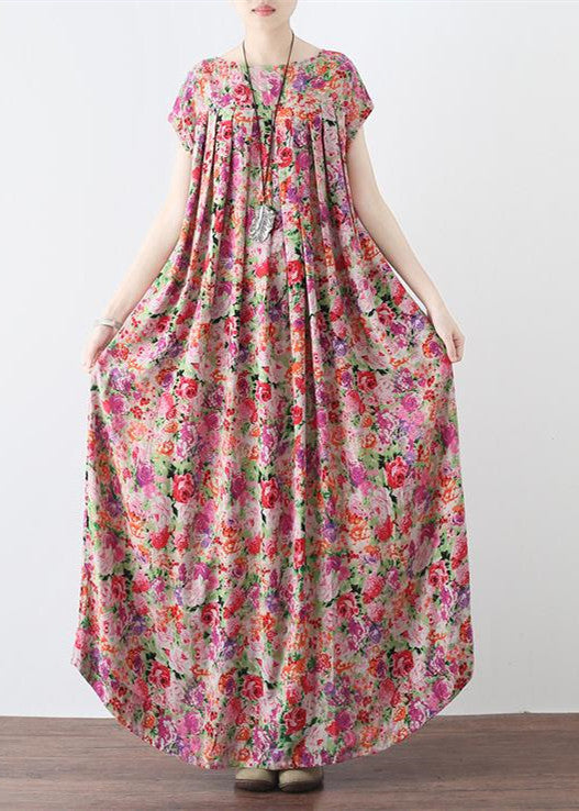 Neue Leinenkaftane mit rosa Aufdruck, lässiges Maxikleid aus Leinen mit großem Saum, Vintage-Maxikleider mit kurzen Ärmeln
