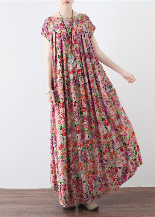 Neue Leinenkaftane mit rosa Aufdruck, lässiges Maxikleid aus Leinen mit großem Saum, Vintage-Maxikleider mit kurzen Ärmeln