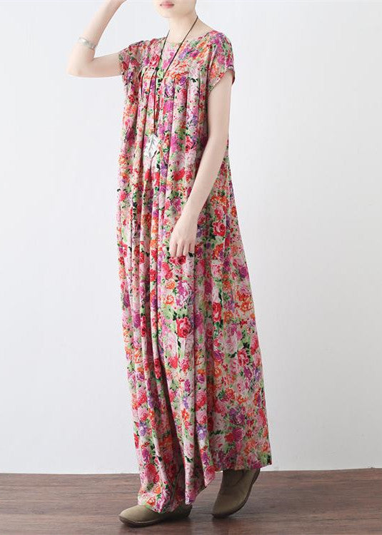 Neue Leinenkaftane mit rosa Aufdruck, lässiges Maxikleid aus Leinen mit großem Saum, Vintage-Maxikleider mit kurzen Ärmeln