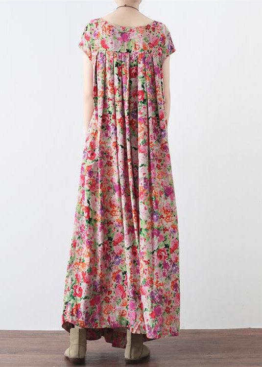 Neue Leinenkaftane mit rosa Aufdruck, lässiges Maxikleid aus Leinen mit großem Saum, Vintage-Maxikleider mit kurzen Ärmeln