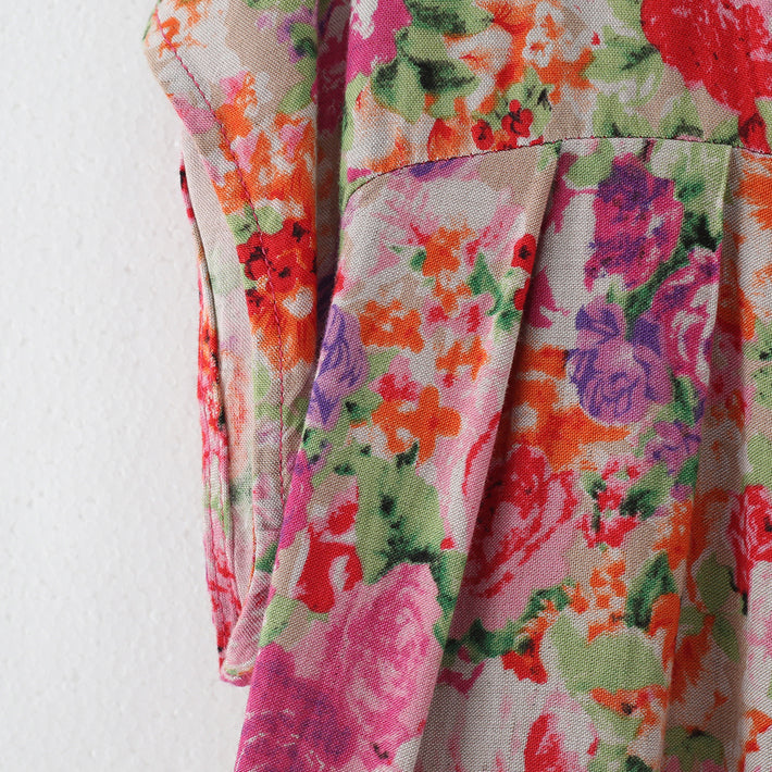 Neue Leinenkaftane mit rosa Aufdruck, lässiges Maxikleid aus Leinen mit großem Saum, Vintage-Maxikleider mit kurzen Ärmeln