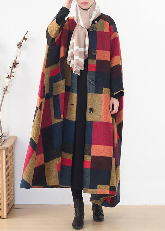 New plus size clothing trench coat outwear yellow plaid o neck exra large hem wool coat - SooLinen