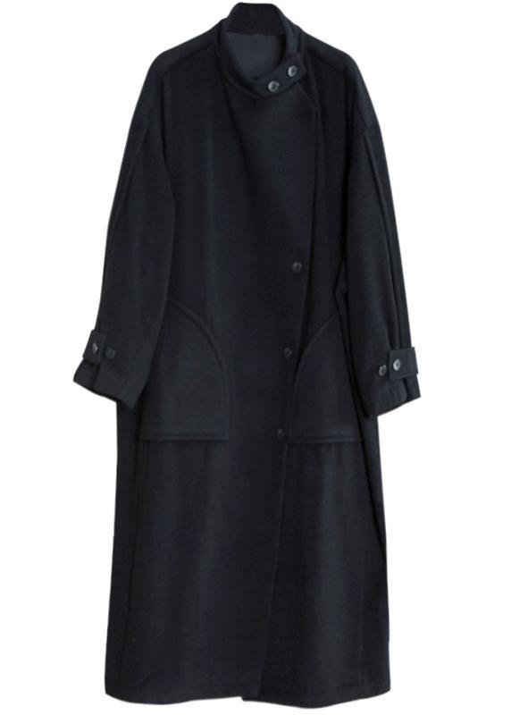 New plus size long winter coat black pockets Button Down Woolen Coats Women - SooLinen