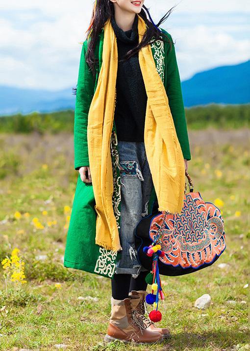 New plus size warm winter coat embroidery outwear green winter overcoat - SooLinen