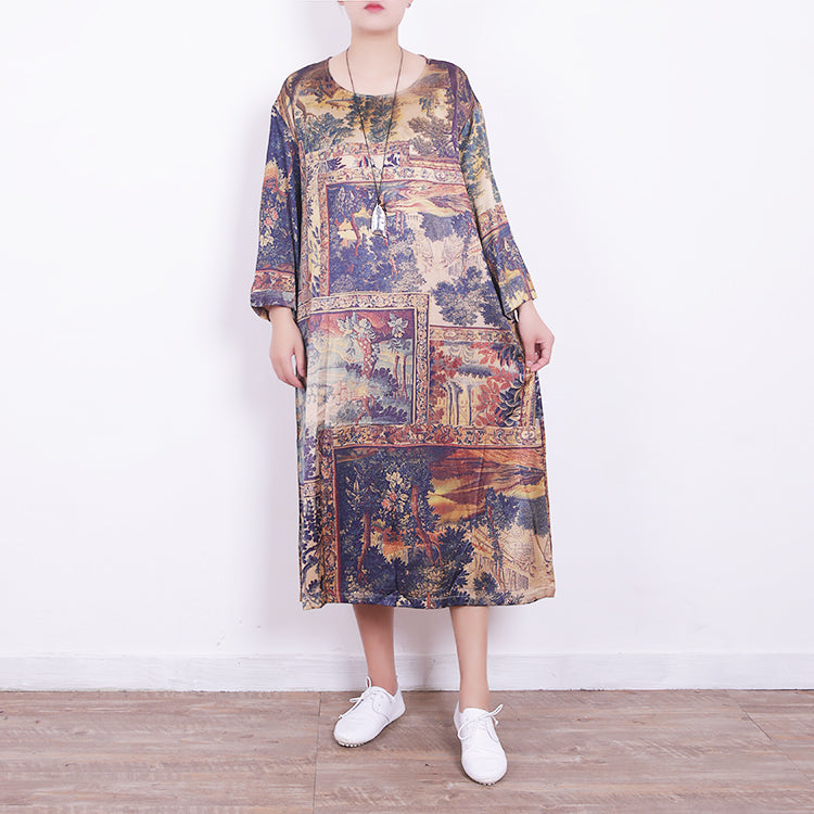 Neue Drucke Midi-Mischkleider Reisekleid in Übergröße Neues Kleid aus Naturmischung mit Rundhalsausschnitt und Armreifärmeln