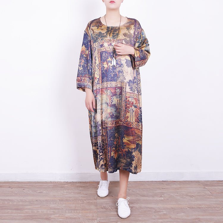 Neue Drucke Midi-Mischkleider Reisekleid in Übergröße Neues Kleid aus Naturmischung mit Rundhalsausschnitt und Armreifärmeln