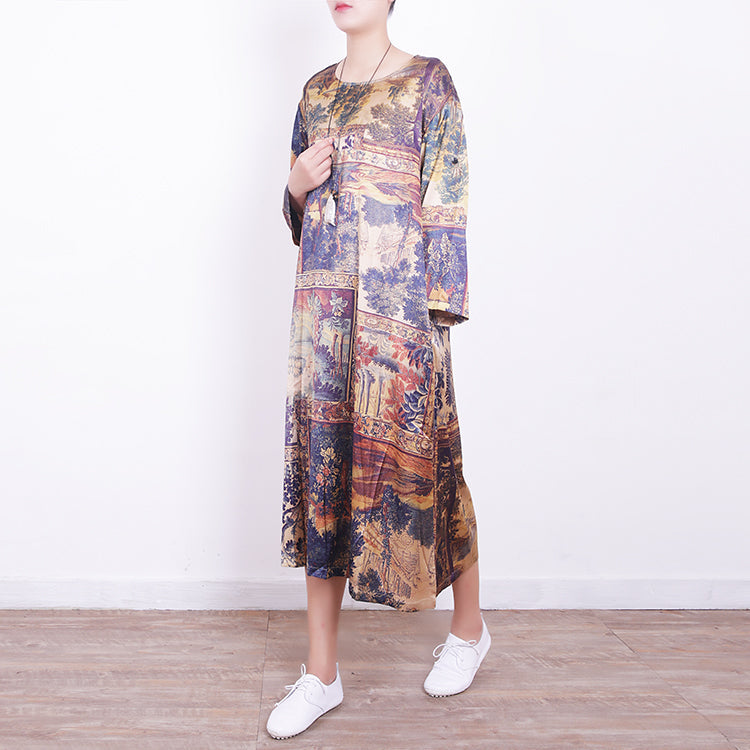 Neue Drucke Midi-Mischkleider Reisekleid in Übergröße Neues Kleid aus Naturmischung mit Rundhalsausschnitt und Armreifärmeln