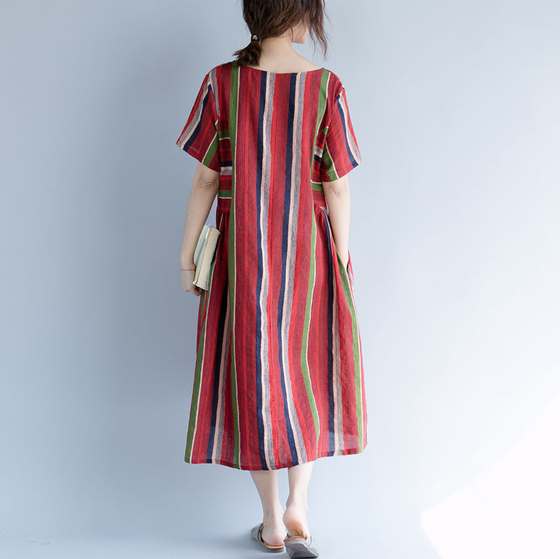 Neues rotes Maxikleid aus Baumwolle und Leinen, trendig, Übergröße, O-Ausschnitt, Reisekleidung 2018, gestreiftes Kurzarmkleid