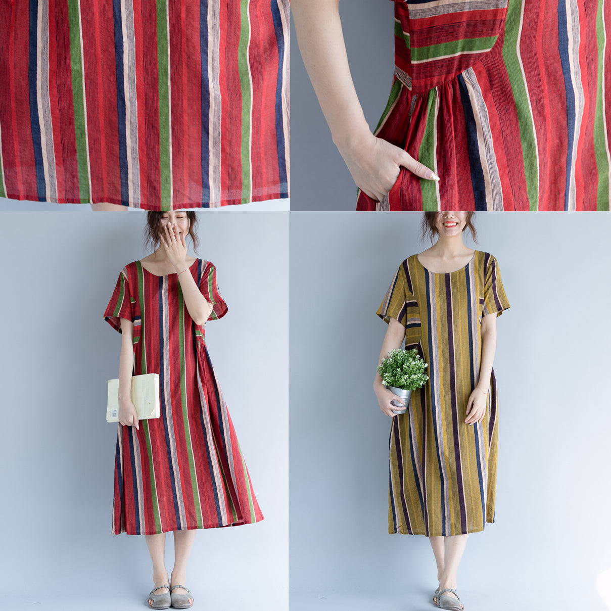 Neues rotes Maxikleid aus Baumwolle und Leinen, trendig, Übergröße, O-Ausschnitt, Reisekleidung 2018, gestreiftes Kurzarmkleid