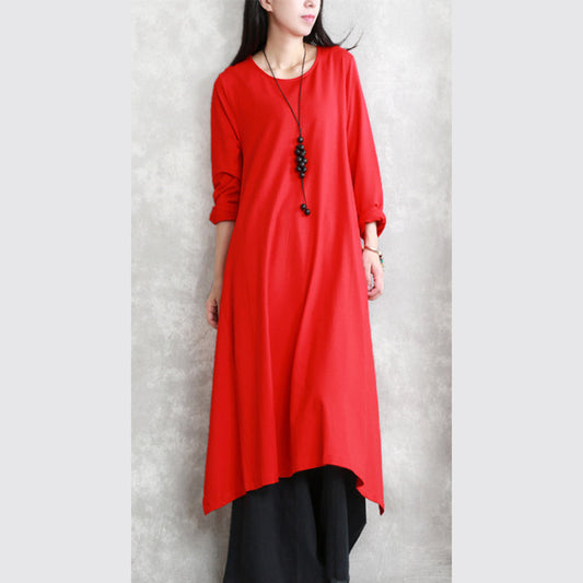 Neues rotes Herbstkleid im Trend in Übergröße mit O-Ausschnitt, asymmetrisches Design, Reisekleidung, feine lange Ärmel, seitlich offen, Maxikleider