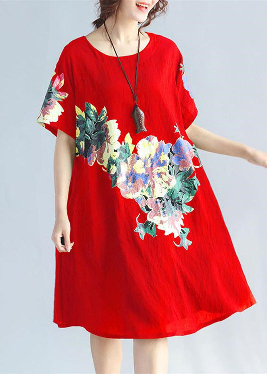 Neue rote Drucke Leinenkleid plus Größe Reisen Kleidung Elegante wilde Kurzarm O Hals Baumwolle Kleider