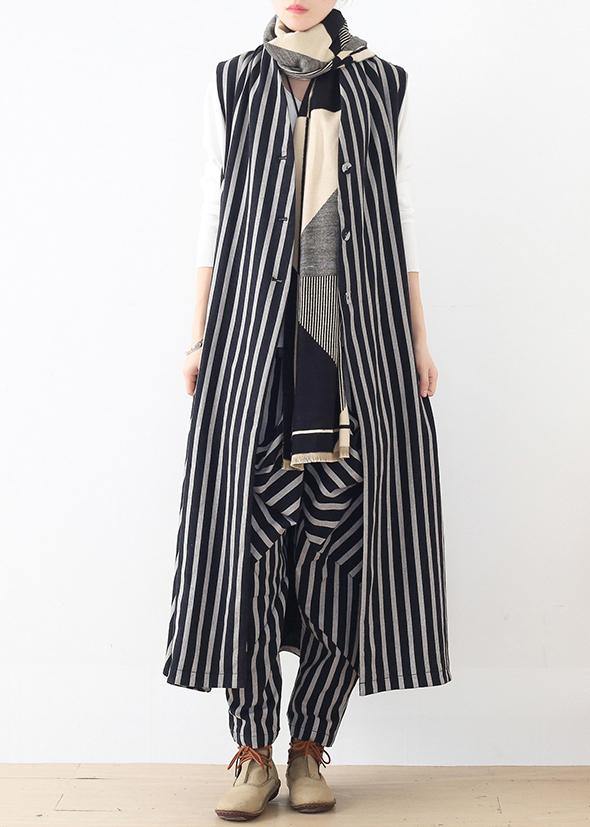 New style beige loose casual mid-length striped waistcoat elastic waist breeches suit - SooLinen