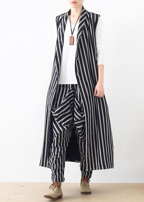 New style beige loose casual mid-length striped waistcoat elastic waist breeches suit - SooLinen