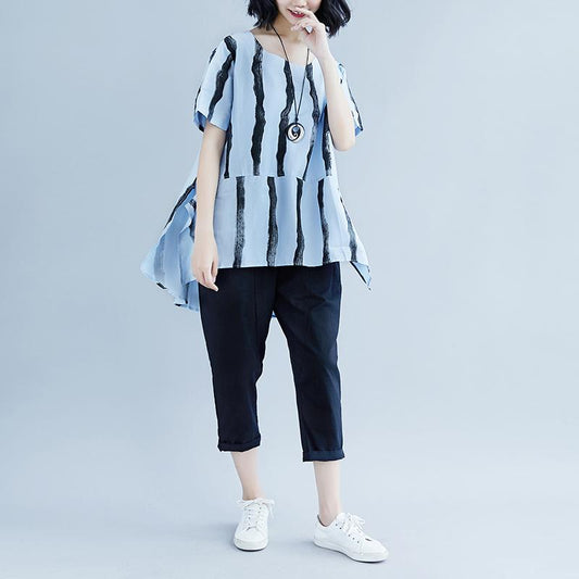 New summer cotton blended t shirt plus size Short Sleeve Summer Stripe High-low Hem Blue Tops