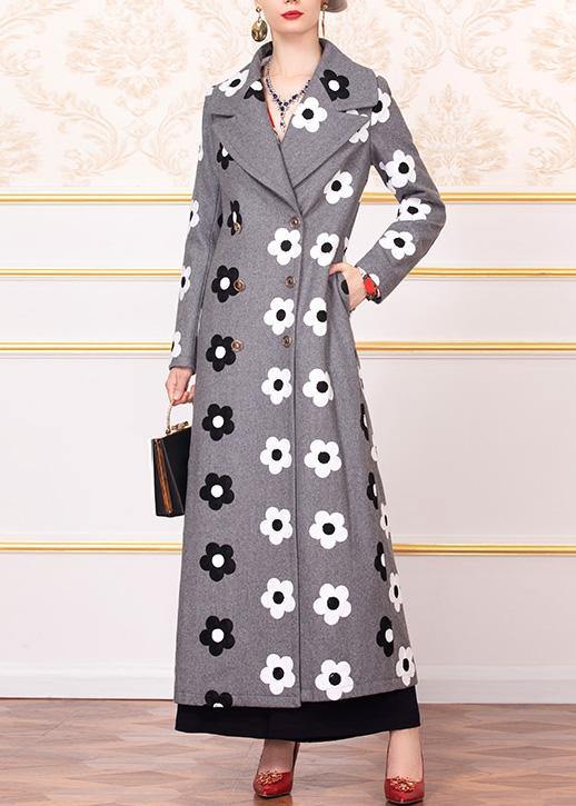 New trendy plus size long coats back open jacket gray floral double breast Woolen Coats Women - SooLinen