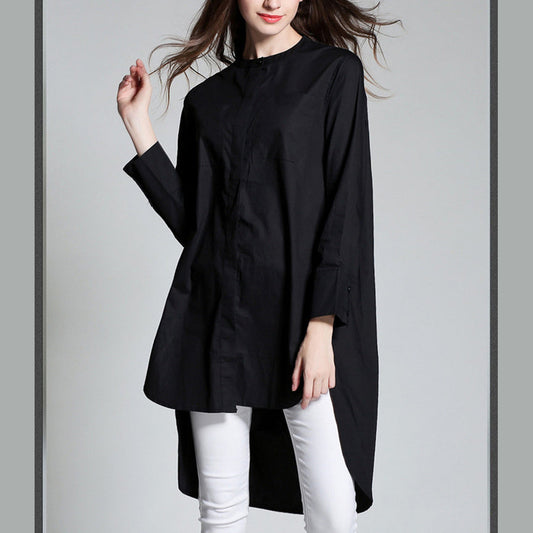 Neues weißes Baumwoll-T-Shirt in Midi-Länge, Übergrößen, Maxi-T-Shirts aus Baumwolle, feiner Stehkragen, niedriges Design, Baumwoll-T-Shirt