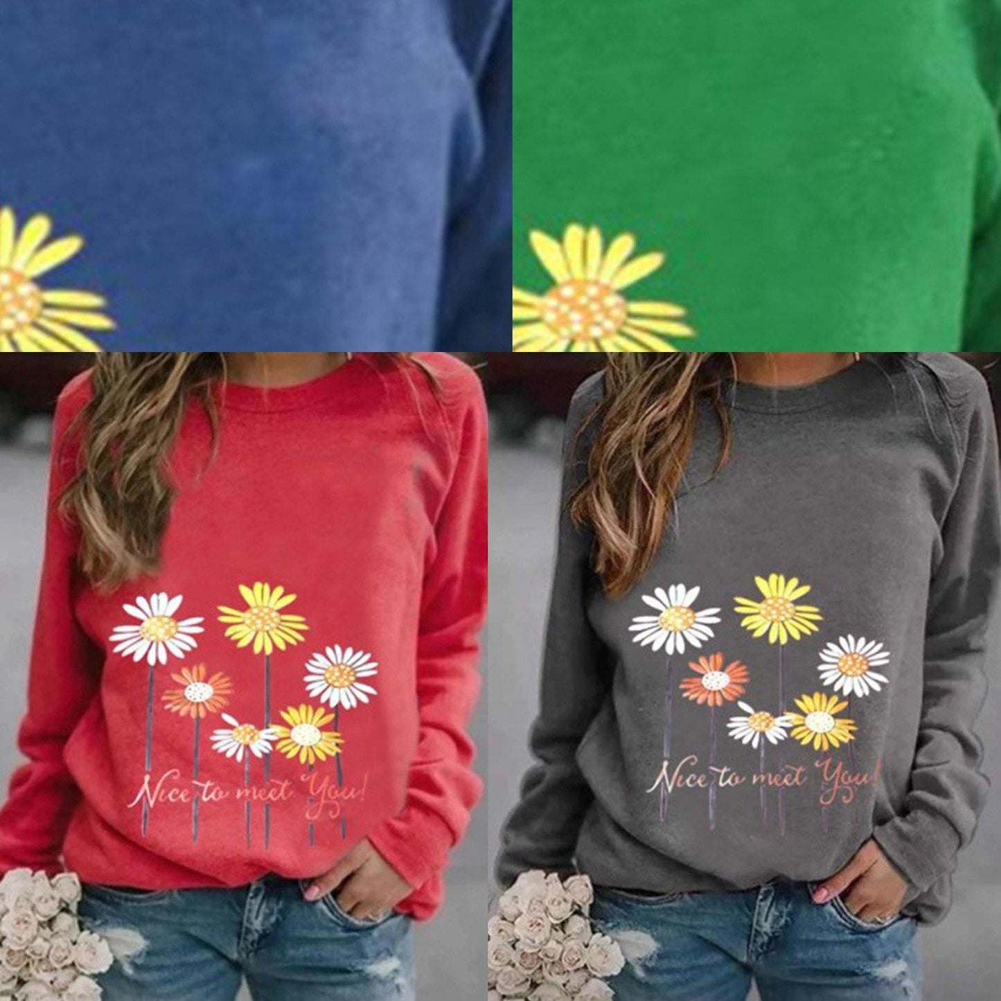 Nice to meet you' & Daisy Print Sweatshirt - SooLinen