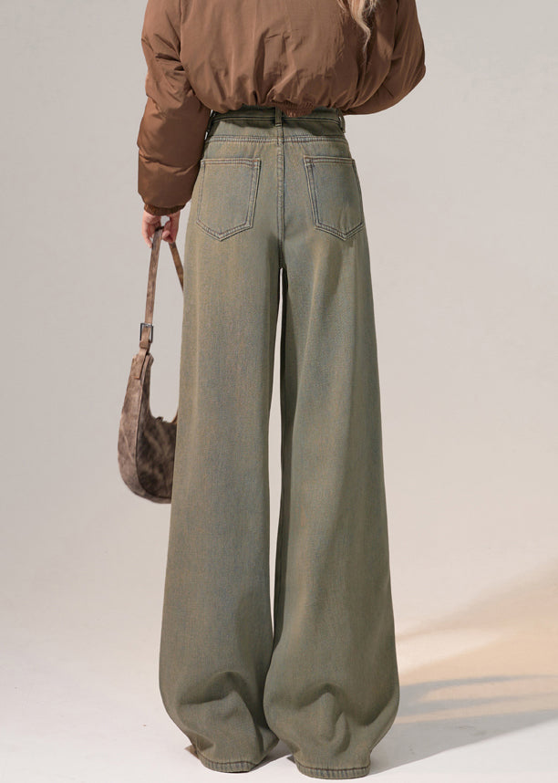 Nostalgische blaue, warme Fleece-Denimhose mit Taschen, weitem Bein und hohem Bund