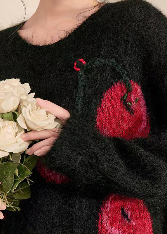 Suéteres de punto de algodón acogedores con cuello redondo y estampado negro novedoso para primavera