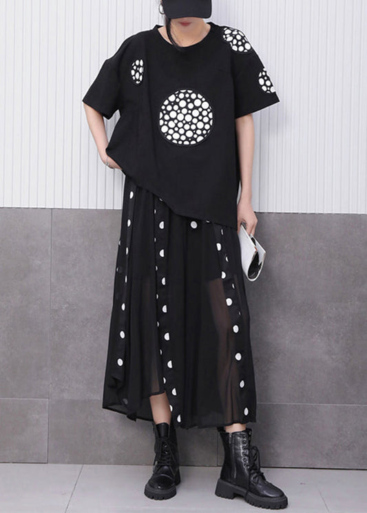 Novelty Black Print T Shirts And Tulle Maxi Skirts Two Pieces Set Summer