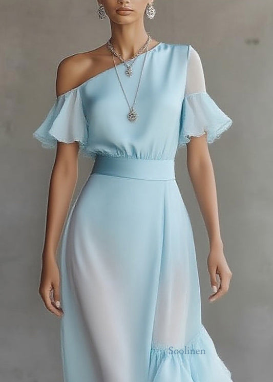 Novelty Blue Asymmetrical Patchwork Solid Chiffon Maxi Dress Butterfly Sleeve