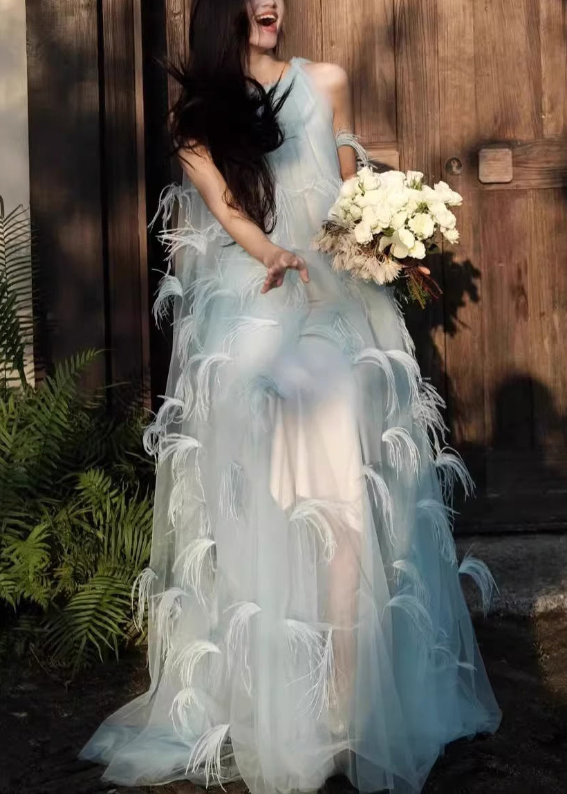 Novelty Blue Feather Patchwork Chiffon Robe Dresses Sleeveless